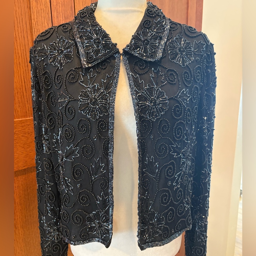 Luminous Vintage Papell Boutique Black Jacket Floral Beaded Size XL